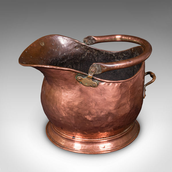 Antique Helmet Coal Scuttle, English, Copper, Fireplace Fuel Keeper, Victorian
