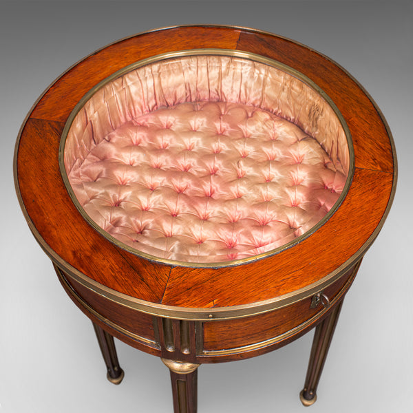 Antique Bijouterie Table, French Kingwood, Brass Glazed Vitrine, Victorian, 1870