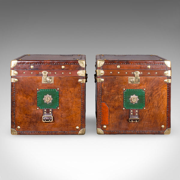 Pair Of Late Vintage Officer's Campaign Trunks, English, Leather, Nightstand