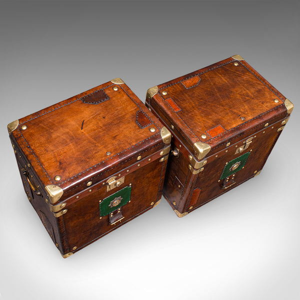 Pair Of Late Vintage Officer's Campaign Trunks, English, Leather, Nightstand