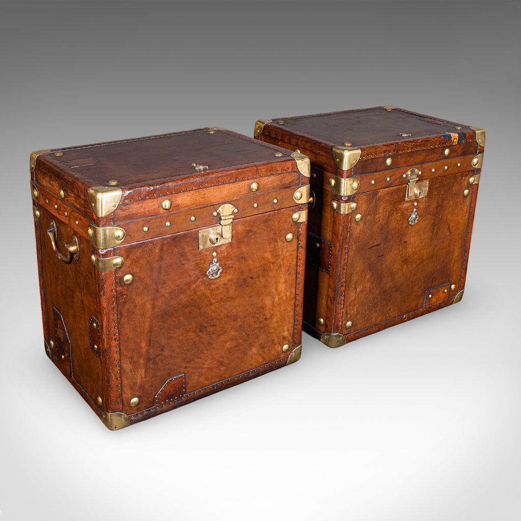 Pair, Late Vintage Officer's Campaign Luggage Cases, English, Bedside Nightstand