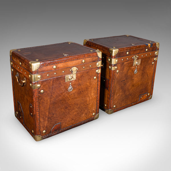 Pair, Late Vintage Officer's Campaign Luggage Cases, English, Bedside Nightstand