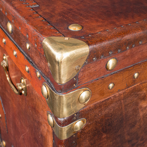 Pair Of Late Vintage Luggage Trunks, English Leather, Brass, Storage, Nightstand