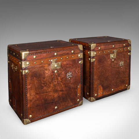 Pair Of Late Vintage Luggage Trunks, English Leather, Brass, Storage, Nightstand