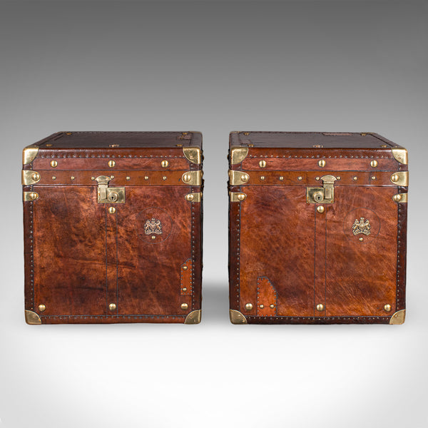 Pair Of Late Vintage Luggage Trunks, English Leather, Brass, Storage, Nightstand
