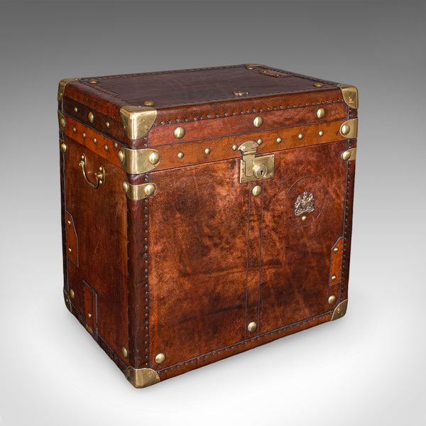 Pair Of Late Vintage Luggage Trunks, English Leather, Brass, Storage, Nightstand