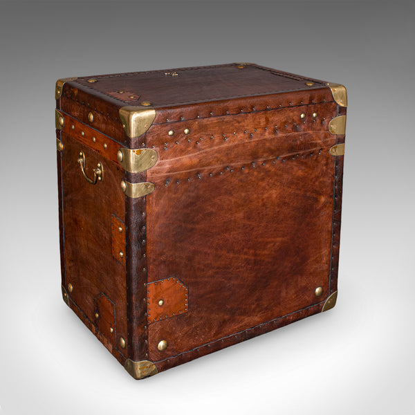 Pair Of Late Vintage Luggage Trunks, English Leather, Brass, Storage, Nightstand