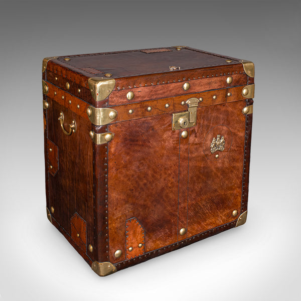 Pair Of Late Vintage Luggage Trunks, English Leather, Brass, Storage, Nightstand