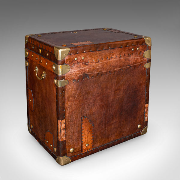 Pair Of Late Vintage Luggage Trunks, English Leather, Brass, Storage, Nightstand