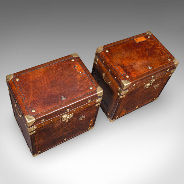 Pair Of Late Vintage Luggage Trunks, English Leather, Brass, Storage, Nightstand