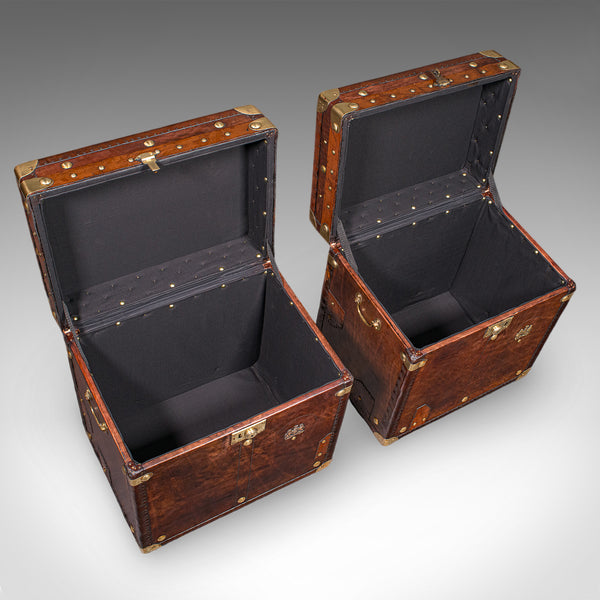 Pair Of Late Vintage Luggage Trunks, English Leather, Brass, Storage, Nightstand