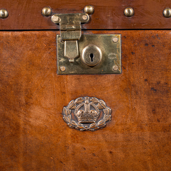 Pair of Late Vintage Campaign Luggage Trunks, English Leather Bedside Nightstand
