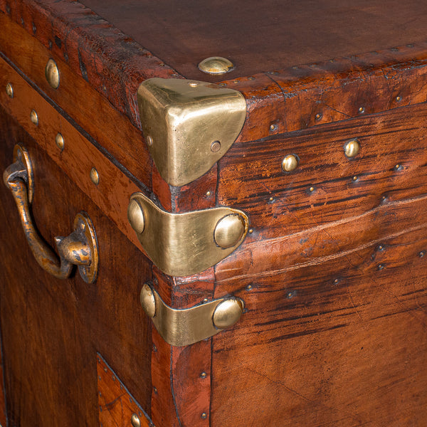 Pair of Late Vintage Campaign Luggage Trunks, English Leather Bedside Nightstand