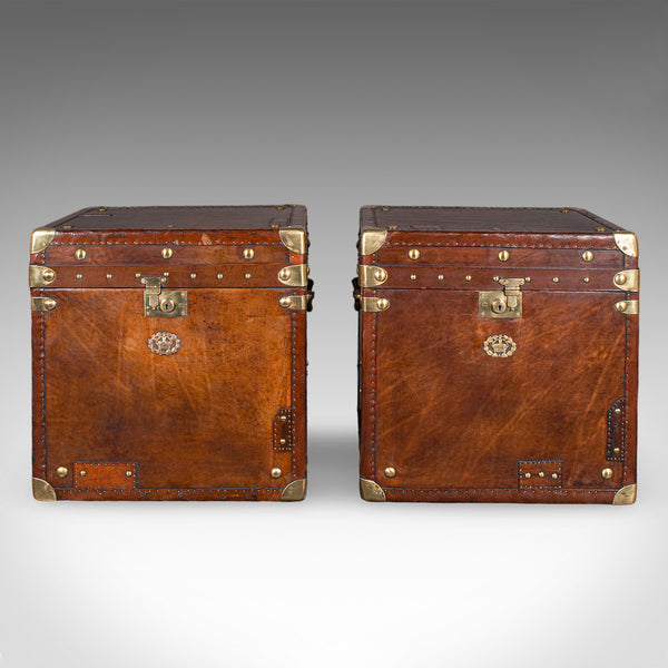 Pair of Late Vintage Campaign Luggage Trunks, English Leather Bedside Nightstand