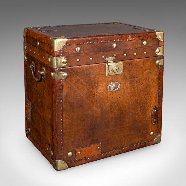 Pair of Late Vintage Campaign Luggage Trunks, English Leather Bedside Nightstand