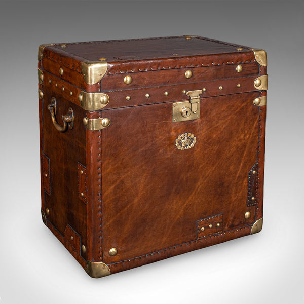 Pair of Late Vintage Campaign Luggage Trunks, English Leather Bedside Nightstand