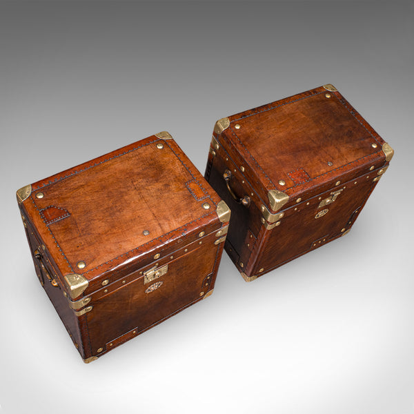 Pair of Late Vintage Campaign Luggage Trunks, English Leather Bedside Nightstand
