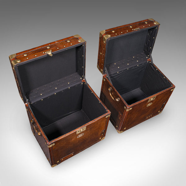 Pair of Late Vintage Campaign Luggage Trunks, English Leather Bedside Nightstand