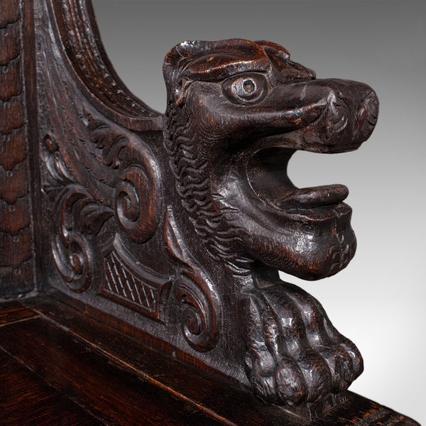 Antique Baronial Settle, Scottish, Carved Oak, Reception Hall Bench, Victorian - London Fine Antiques