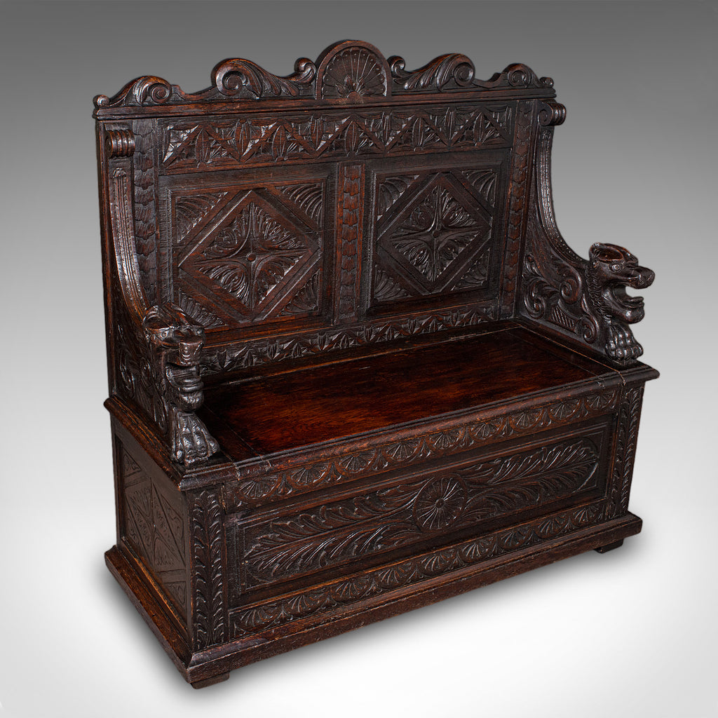 Antique Baronial Settle, Scottish, Carved Oak, Reception Hall Bench, Victorian - London Fine Antiques