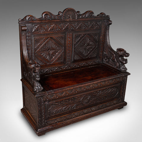 Antique Baronial Settle, Scottish, Carved Oak, Reception Hall Bench, Victorian - London Fine Antiques
