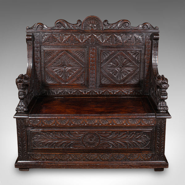 Antique Baronial Settle, Scottish, Carved Oak, Reception Hall Bench, Victorian - London Fine Antiques