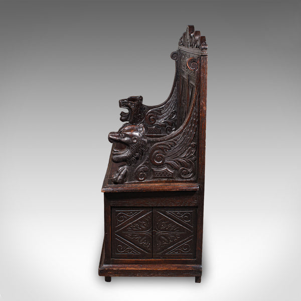 Antique Baronial Settle, Scottish, Carved Oak, Reception Hall Bench, Victorian - London Fine Antiques