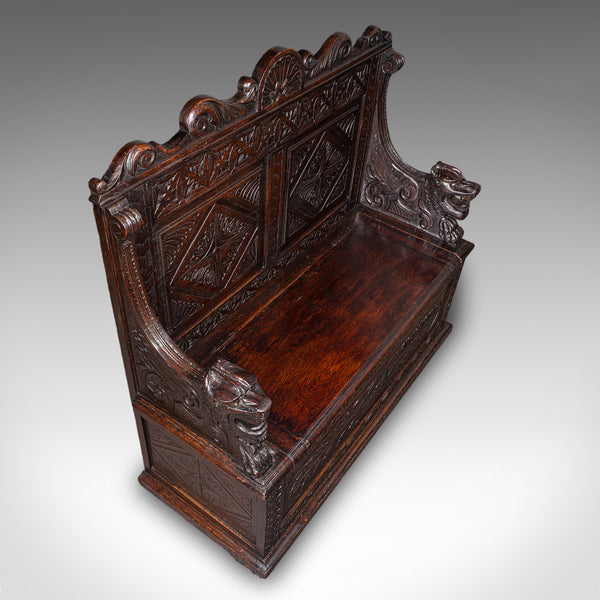 Antique Baronial Settle, Scottish, Carved Oak, Reception Hall Bench, Victorian - London Fine Antiques
