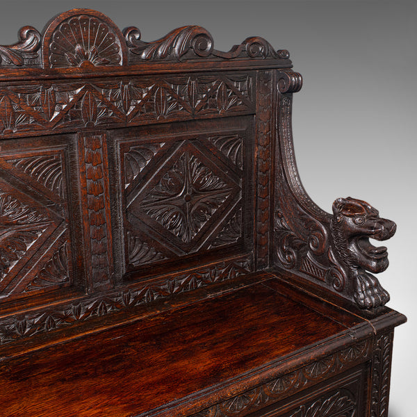 Antique Baronial Settle, Scottish, Carved Oak, Reception Hall Bench, Victorian - London Fine Antiques