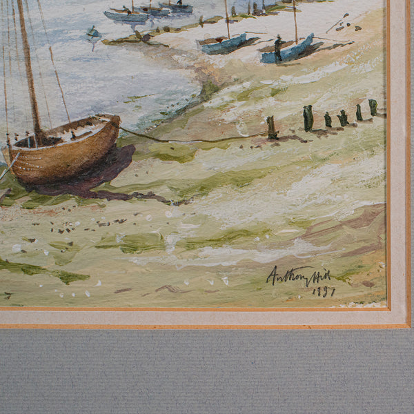 Vintage Beach Landscape Painting, English School Watercolour, Nautical Art, 1991 - London Fine Antiques