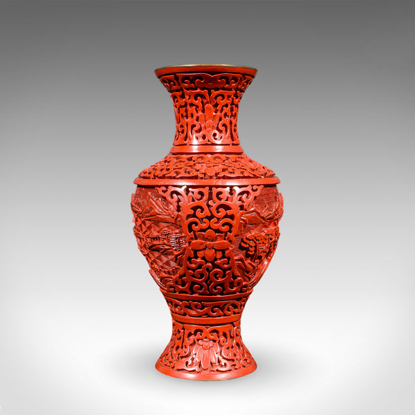 Pair of Vintage Cinnabar Baluster Vases, Oriental, Lacquer, Cloisonne, Posy Urn