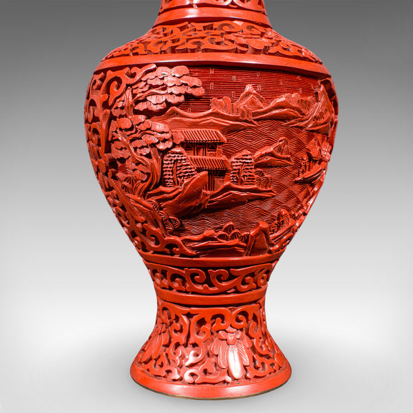 Pair of Vintage Cinnabar Baluster Vases, Oriental, Lacquer, Cloisonne, Posy Urn