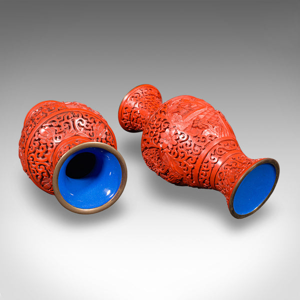 Pair of Vintage Cinnabar Baluster Vases, Oriental, Lacquer, Cloisonne, Posy Urn