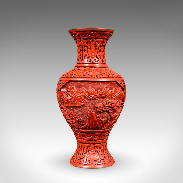 Pair of Vintage Cinnabar Baluster Vases, Oriental, Lacquer, Cloisonne, Posy Urn