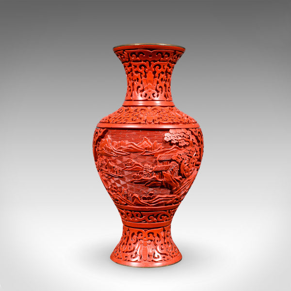 Pair of Vintage Cinnabar Baluster Vases, Oriental, Lacquer, Cloisonne, Posy Urn