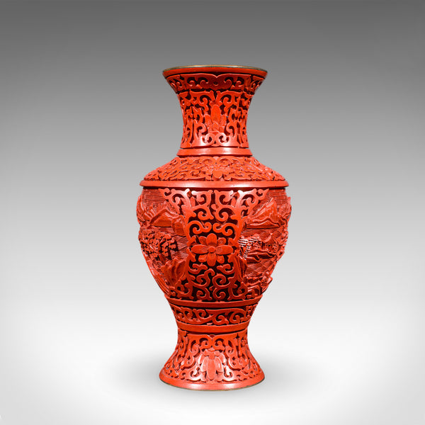 Pair of Vintage Cinnabar Baluster Vases, Oriental, Lacquer, Cloisonne, Posy Urn