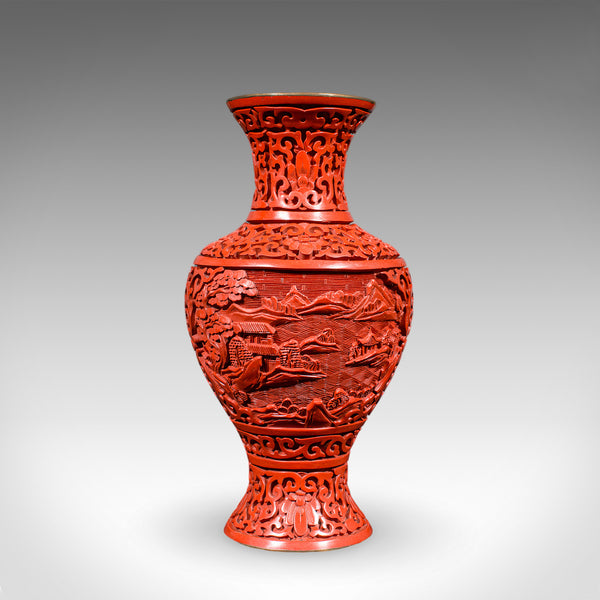 Pair of Vintage Cinnabar Baluster Vases, Oriental, Lacquer, Cloisonne, Posy Urn