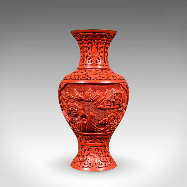 Pair of Vintage Cinnabar Baluster Vases, Oriental, Lacquer, Cloisonne, Posy Urn