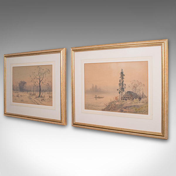 Pair of Vintage Landscape Paintings, Oriental, Watercolour, Art, Mid Century