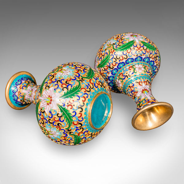Pair of Small Vintage Baluster Form Vases, Oriental, Cloisonne, Posy Urn, C.1970