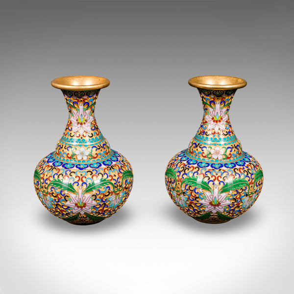 Pair of Small Vintage Baluster Form Vases, Oriental, Cloisonne, Posy Urn, C.1970