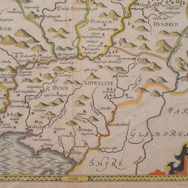Antique Carmarthenshire County Map, Framed Wales Cartography, John Speed, C.1662