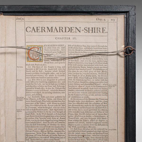 Antique Carmarthenshire County Map, Framed Wales Cartography, John Speed, C.1662