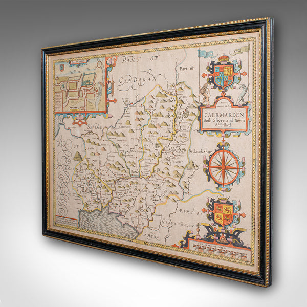 Antique Carmarthenshire County Map, Framed Wales Cartography, John Speed, C.1662