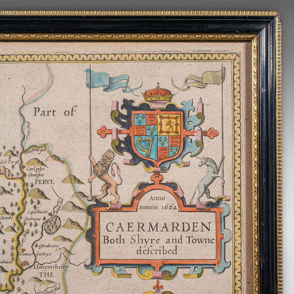 Antique Carmarthenshire County Map, Framed Wales Cartography, John Speed, C.1662