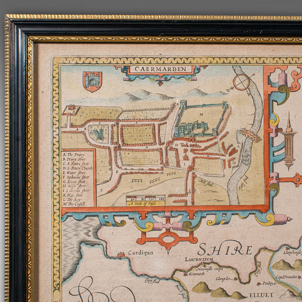 Antique Carmarthenshire County Map, Framed Wales Cartography, John Speed, C.1662