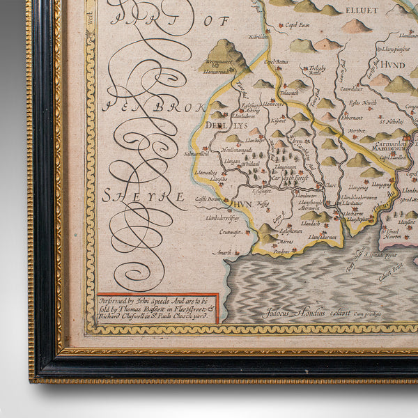 Antique Carmarthenshire County Map, Framed Wales Cartography, John Speed, C.1662