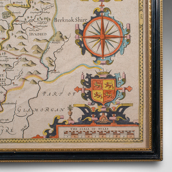Antique Carmarthenshire County Map, Framed Wales Cartography, John Speed, C.1662
