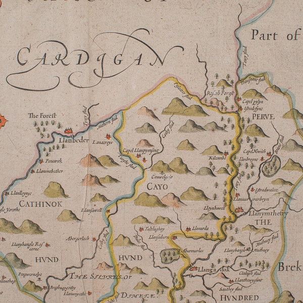 Antique Carmarthenshire County Map, Framed Wales Cartography, John Speed, C.1662