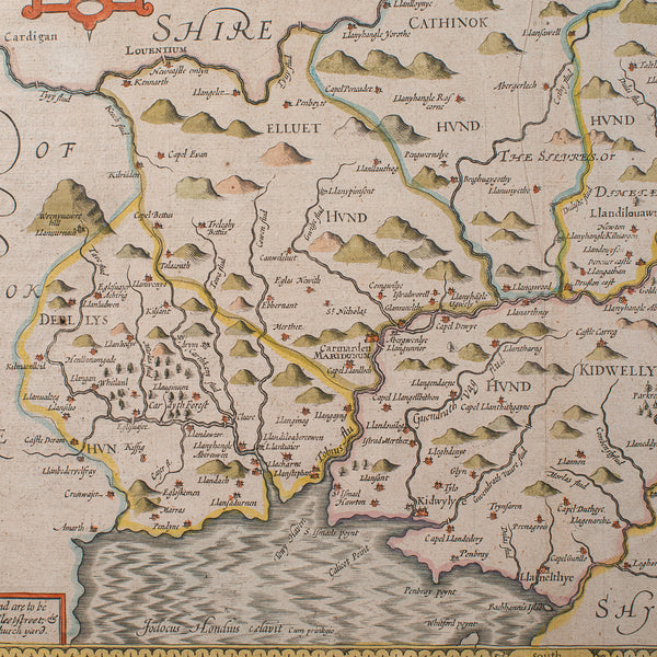 Antique Carmarthenshire County Map, Framed Wales Cartography, John Speed, C.1662